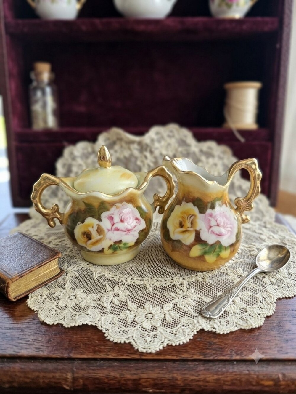 Vintage Miniature Floral Cream & Sugar Set with Gold Trim | Mid-Century